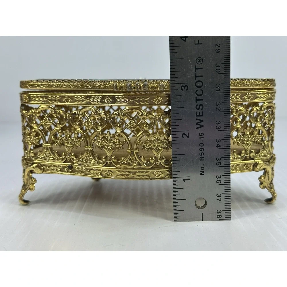 Vintage Jewelry Box Casket Filigree Ormolu Style Footed Hollywood Regency Glass
